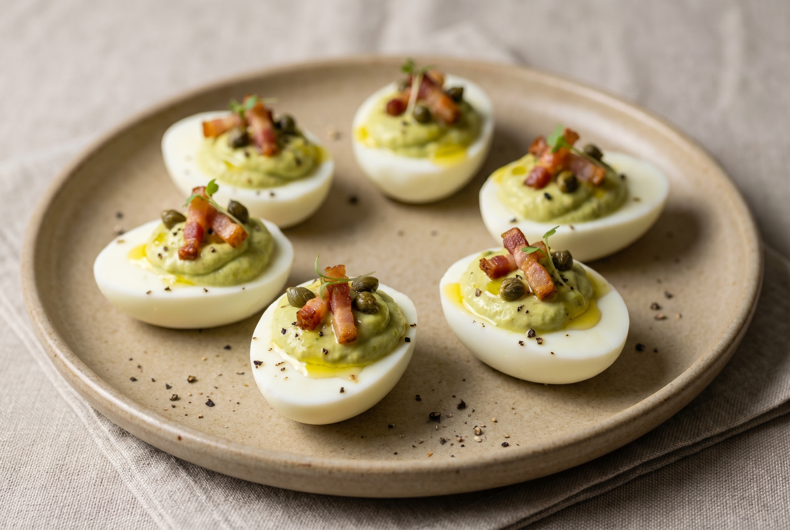 Uova ripiene con avocado Bacon, tonno e capperi