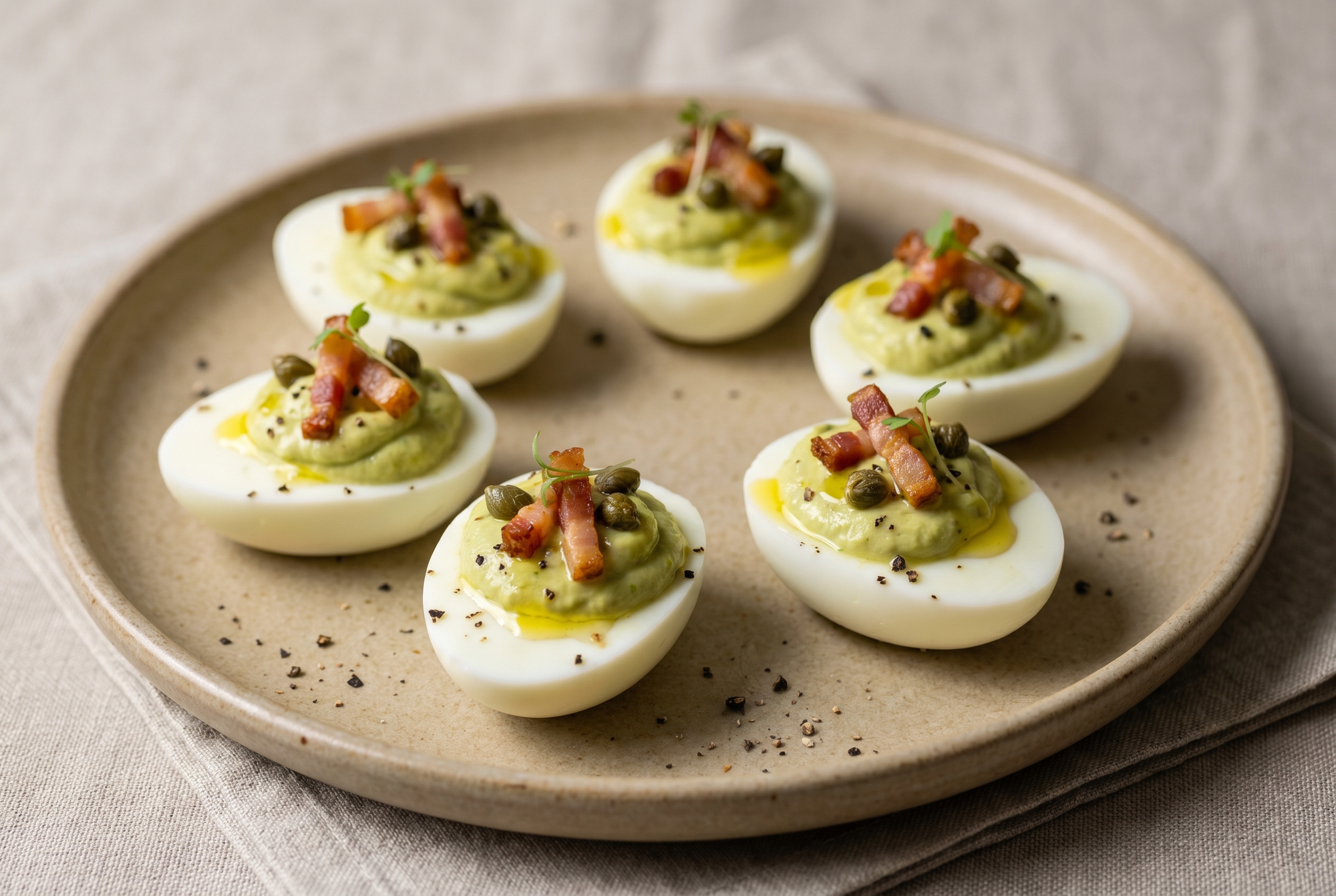 Uova ripiene con avocado Bacon, tonno e capperi