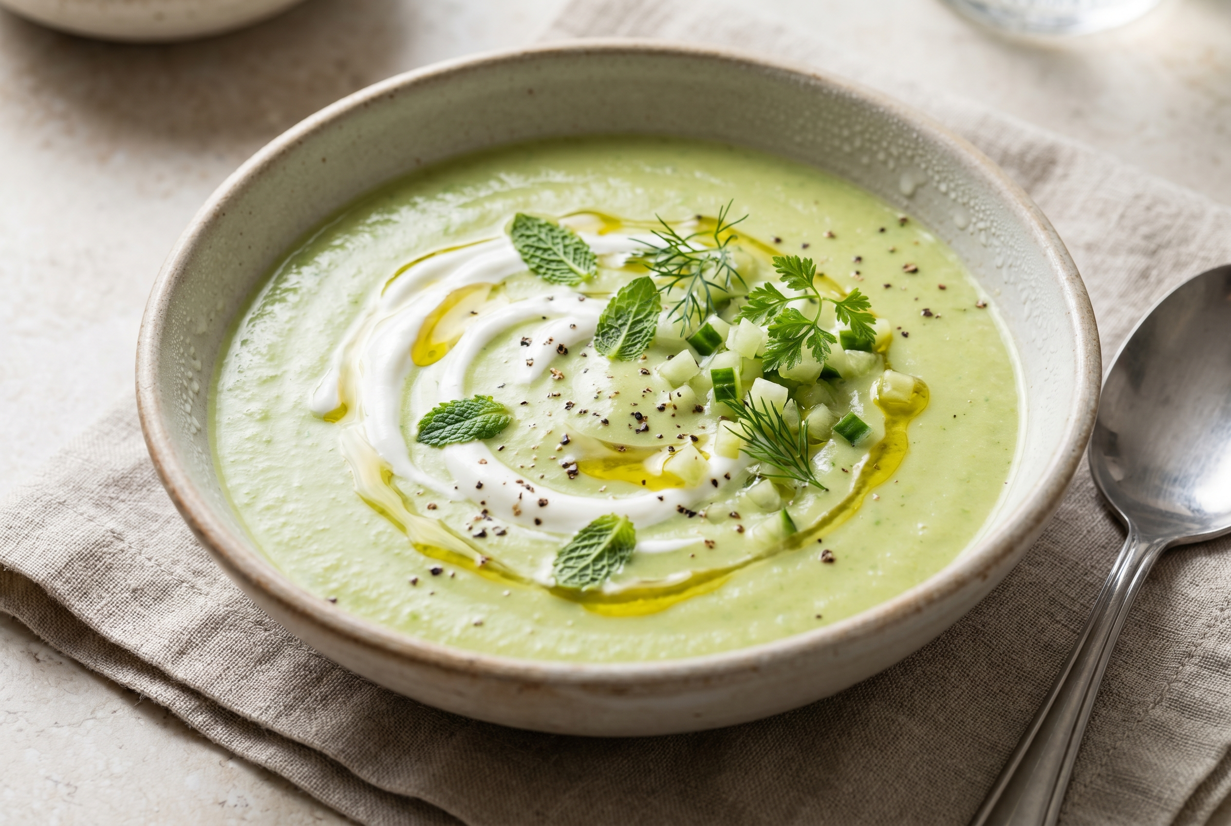 Vellutata fredda di avocado e cetriolo con yogurt greco e menta