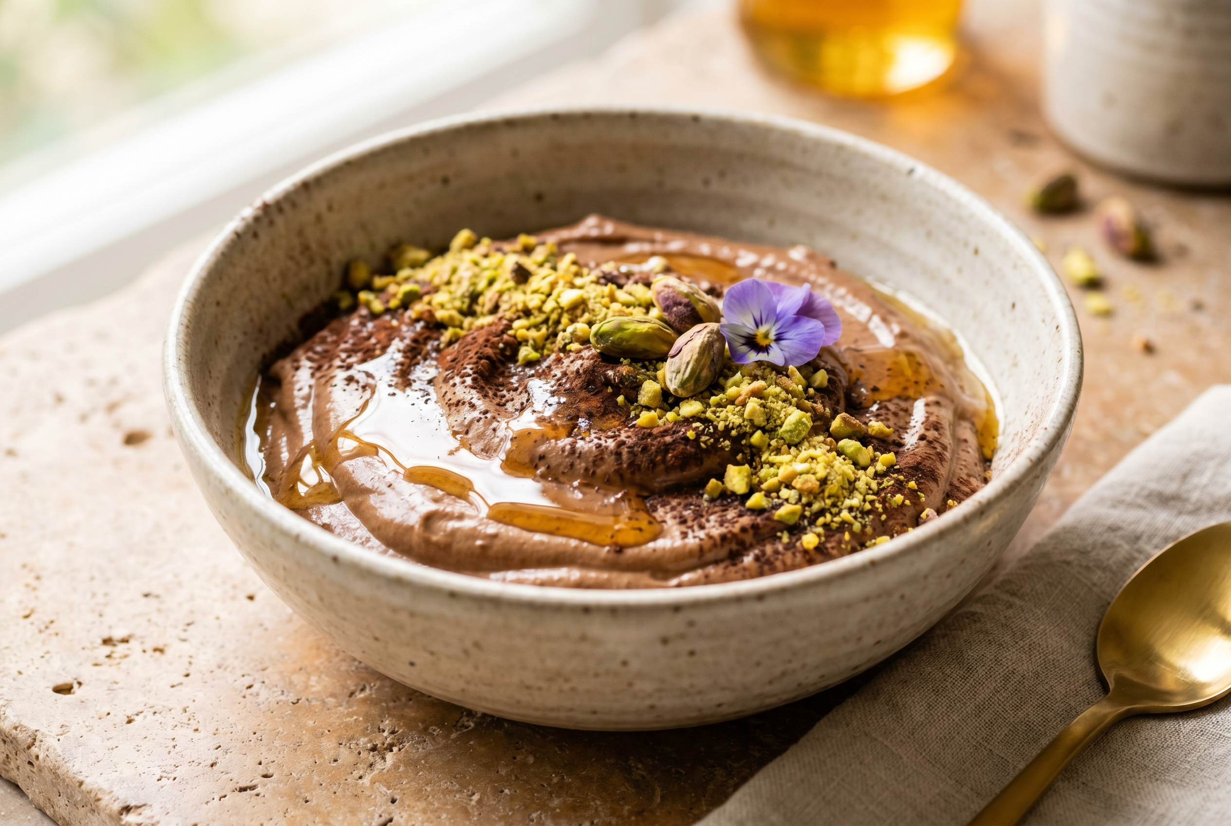 Mousse di avocado Reed con cacao amaro, miele di zagara e granella di pistacchio