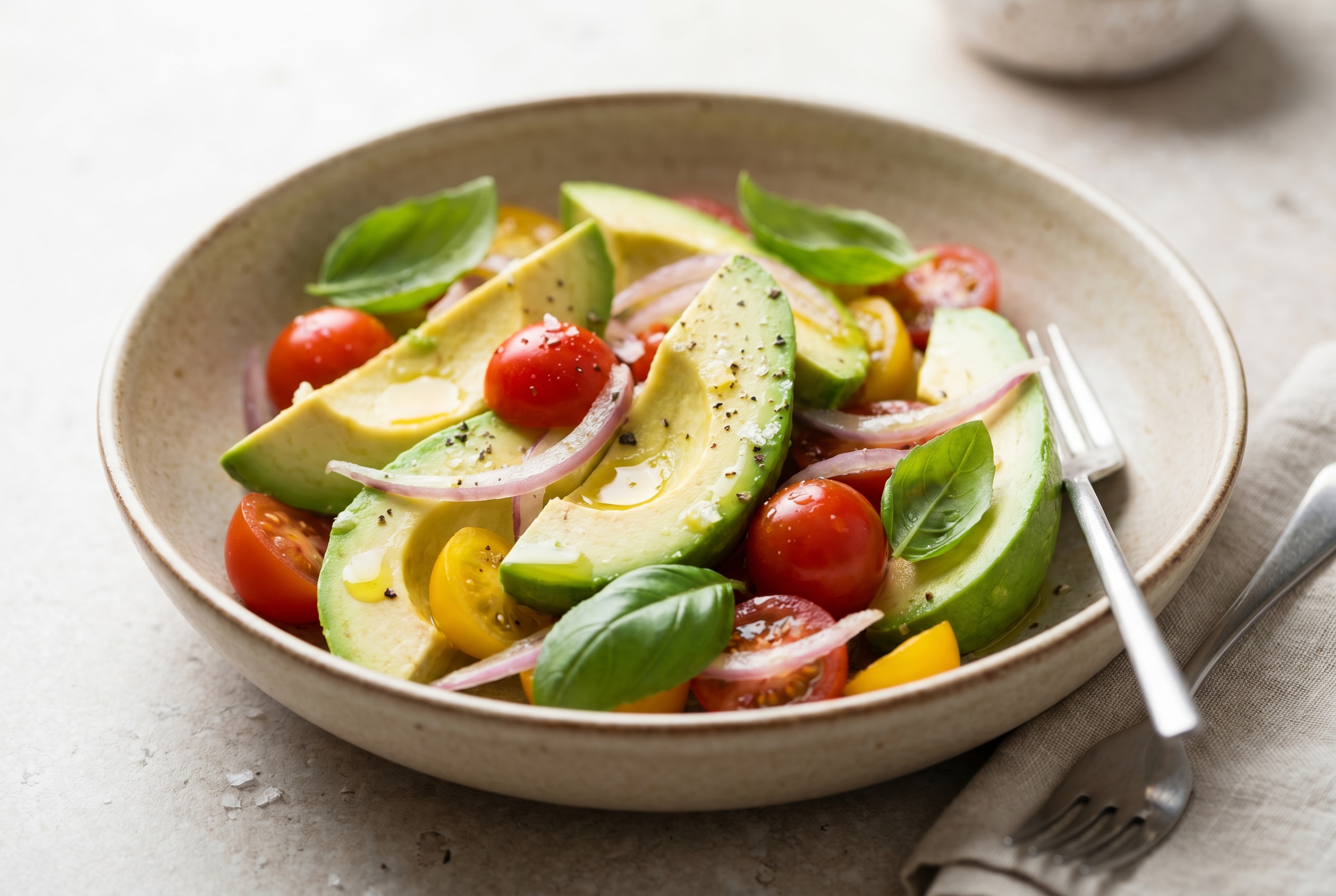 Insalata di avocado, pomodorini, cipolla di Tropea e basilico