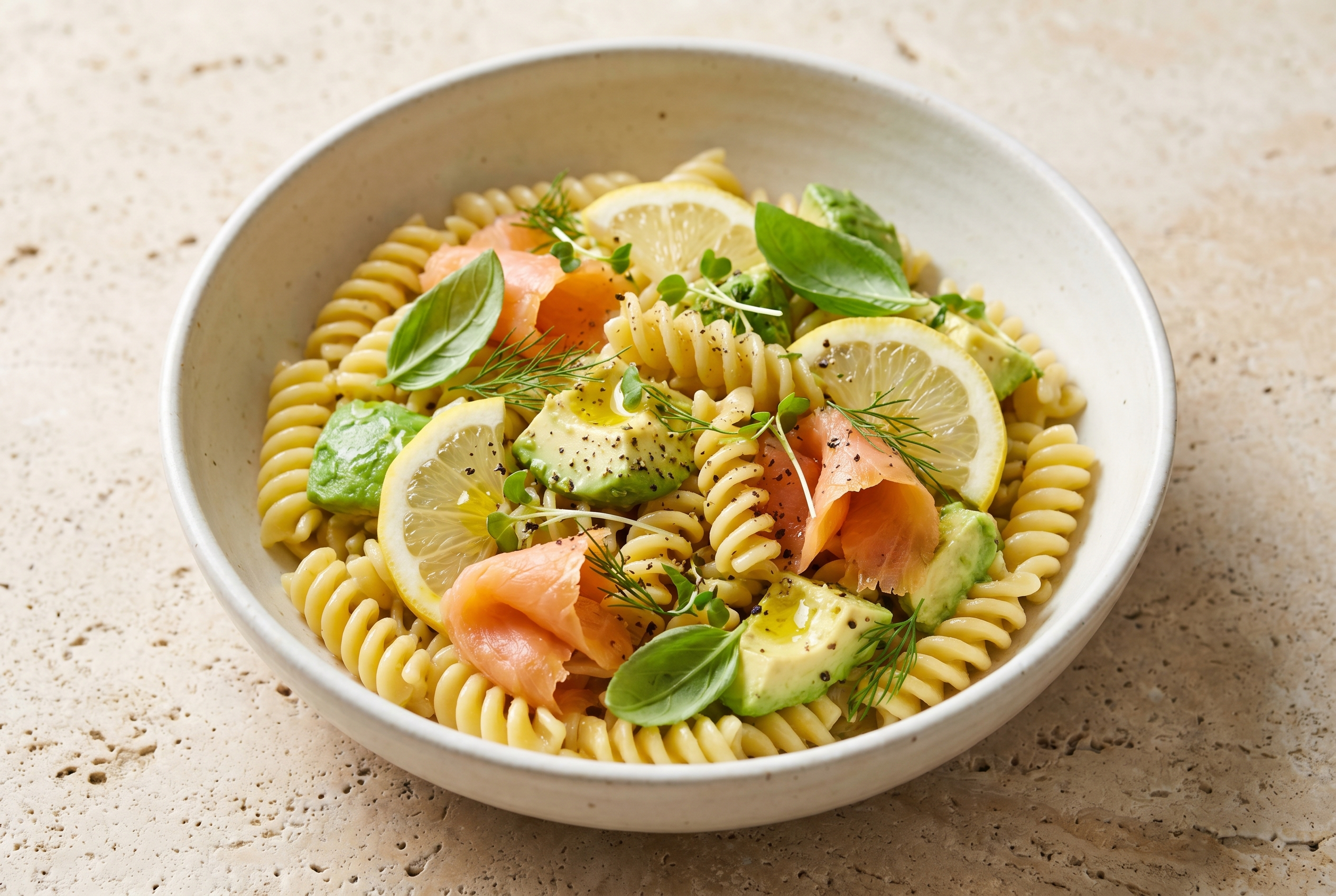 Pasta fredda con avocado Hass, salmone affumicato e limone di Sicilia