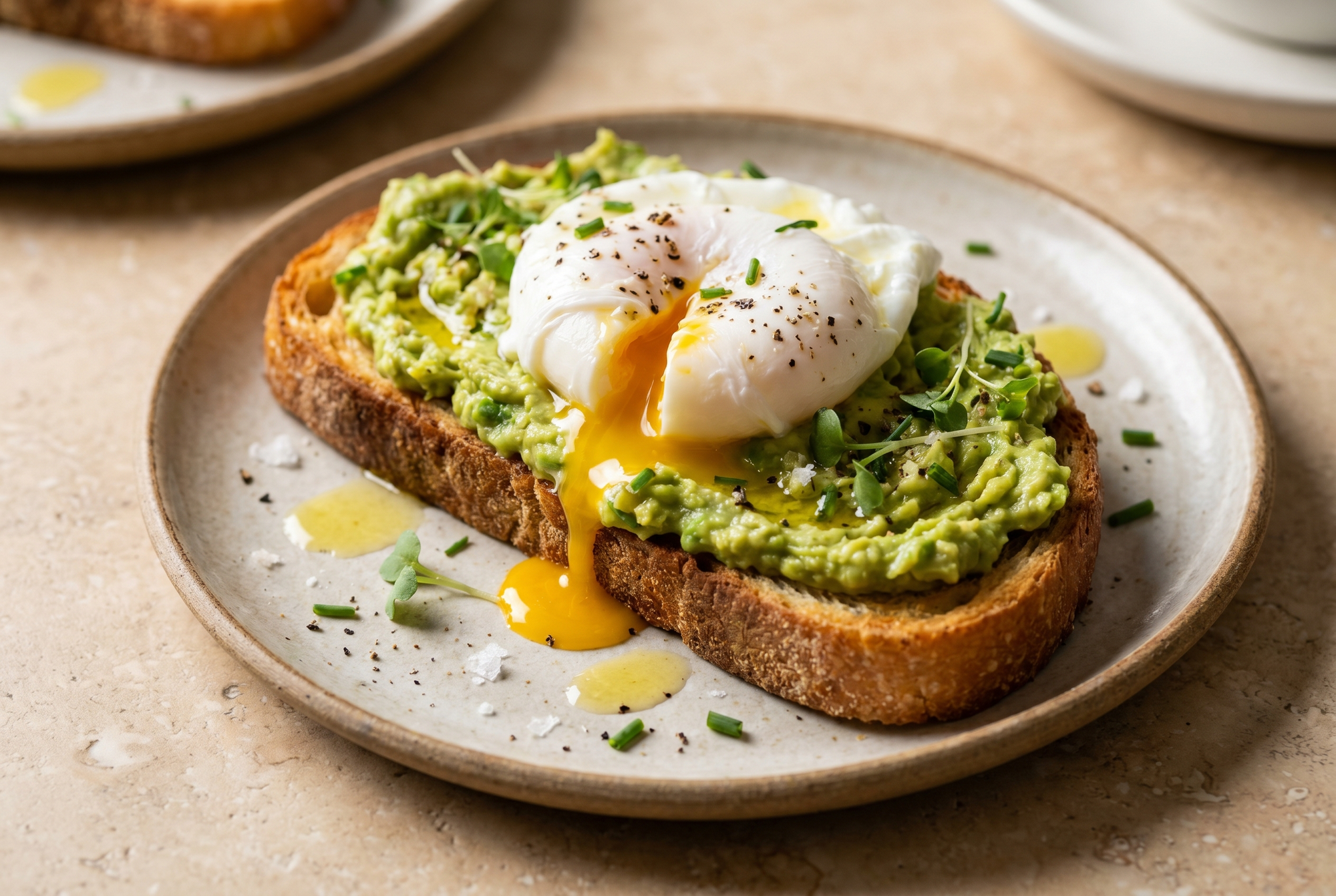 Avocado toast con uovo in camicia, fleur de sel e olio extravergine